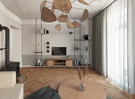 Wnętrze salonu z drewnianymi meblami, szarościami i elementami dopamine decor.