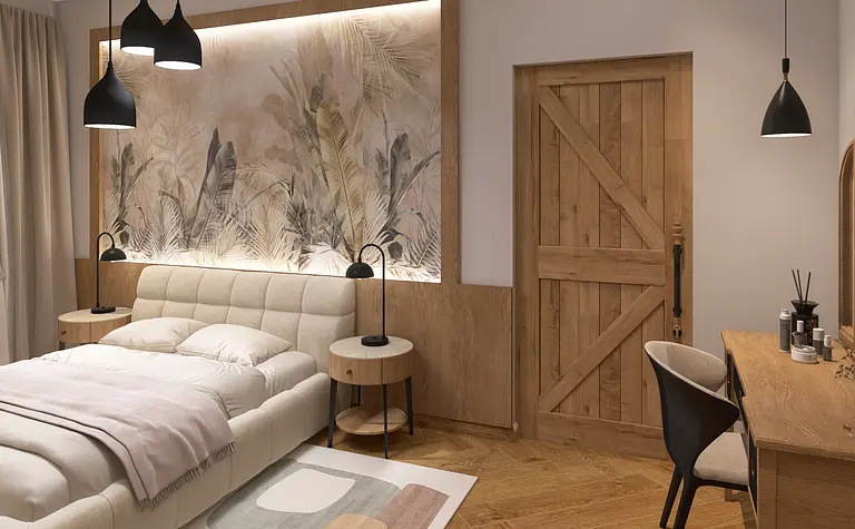 Sypialnia w stylu rustykalnym i industrialnym z drewnianymi meblami