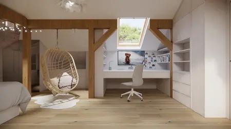 Wnętrze poddasza z biurkiem, huśtawką i drewnianymi akcentami. Styl minimalistyczny.