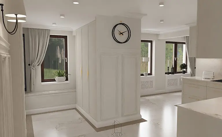 Przedpokój z białymi meblami, drewnianymi detalami i roślinami, styl quiet luxury.