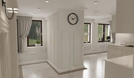 Przedpokój z białymi meblami, drewnianymi detalami i roślinami, styl quiet luxury.