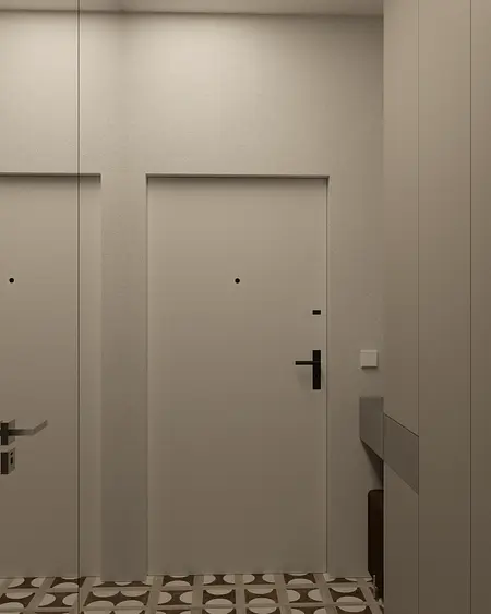 Przedpokój minimalistyczny z jasnymi ścianami i wzorzystą podłogą