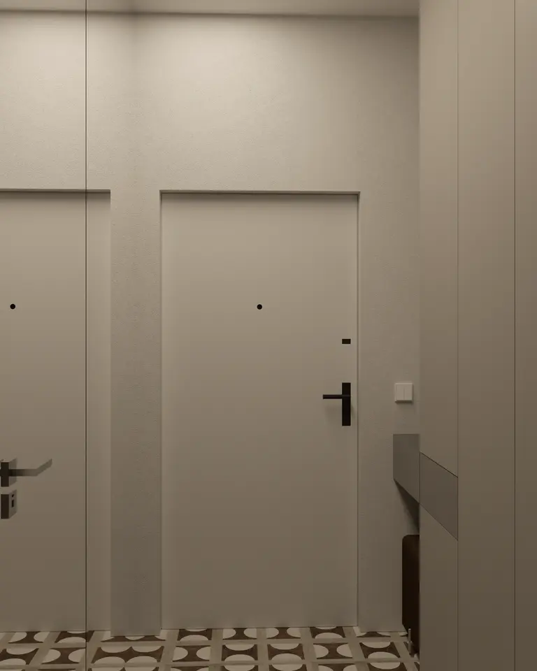 Przedpokój minimalistyczny z jasnymi ścianami i wzorzystą podłogą