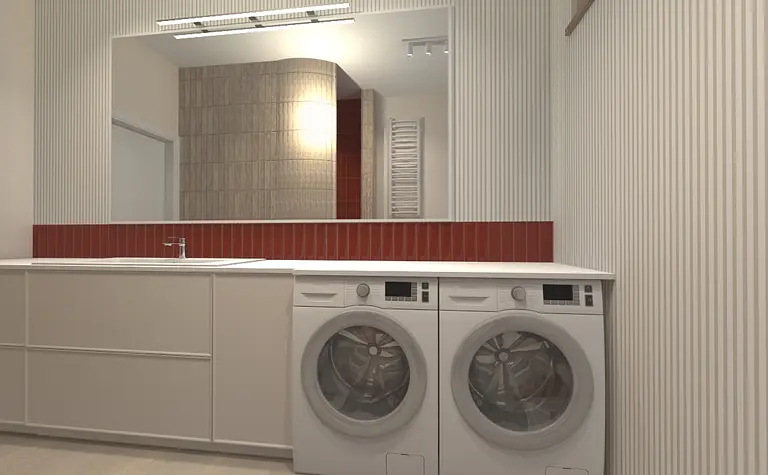 Pralnia w stylu eklektycznym z białymi meblami i czerwonymi płytkami