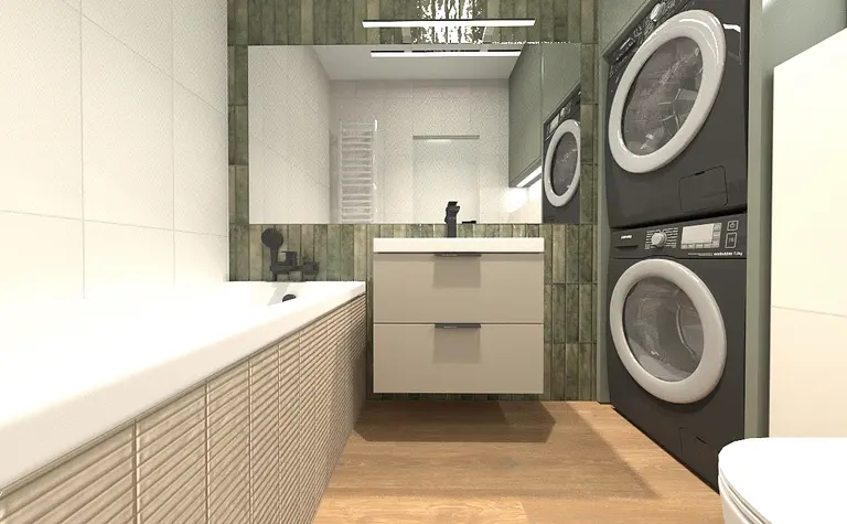 Wnętrze łazienki z białą wanną, zielonymi płytkami i pralką.