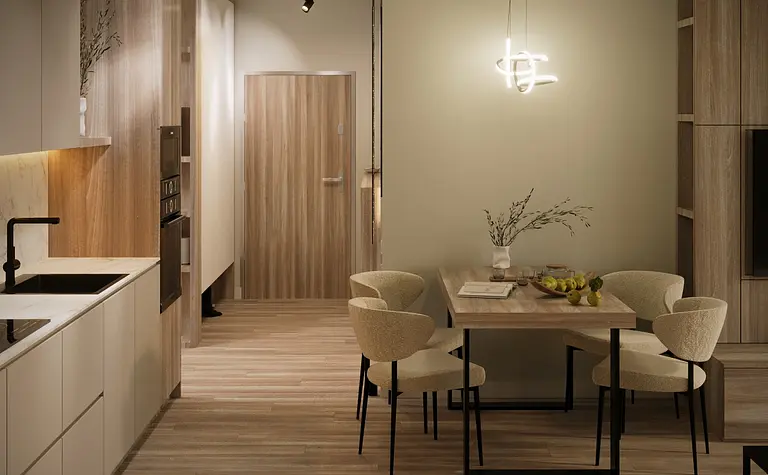 Nowoczesne wnętrze jadalni z drewnianym stołem i minimalistycznym oświetleniem