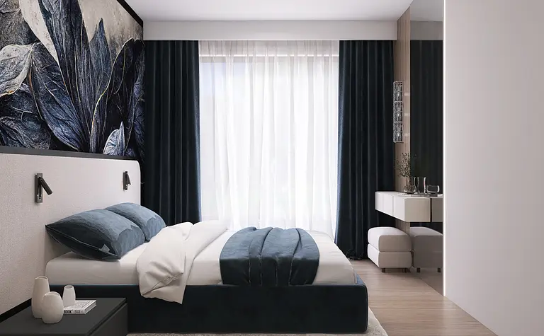Wnętrze sypialni z niebieskimi dodatkami i białymi zasłonami, minimalistyczny i nowoczesny