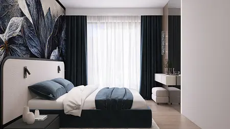 Wnętrze sypialni z niebieskimi dodatkami i białymi zasłonami, minimalistyczny i nowoczesny