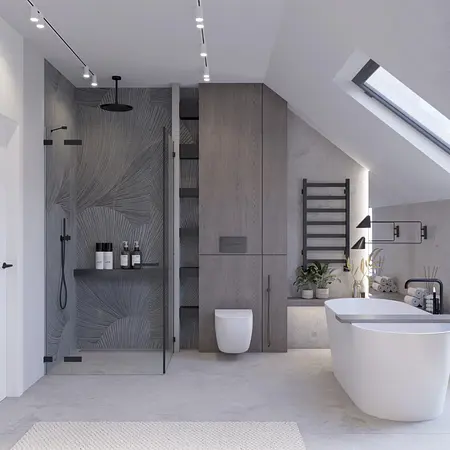 Nowoczesna łazienka z prysznicem, wanną i minimalistycznym wystrojem