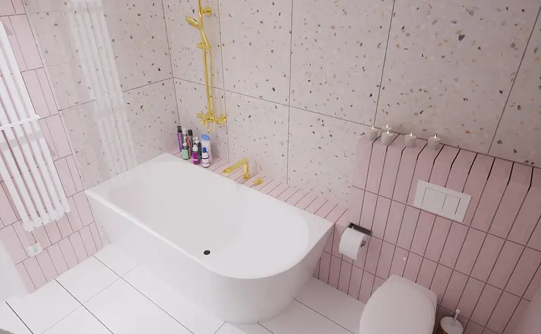 Nowoczesna łazienka w stylu boho, eklektycznym i skandynawskim z wanną i złotymi detalami.