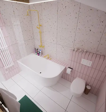 Nowoczesna łazienka w stylu boho, eklektycznym i skandynawskim z wanną i złotymi detalami.