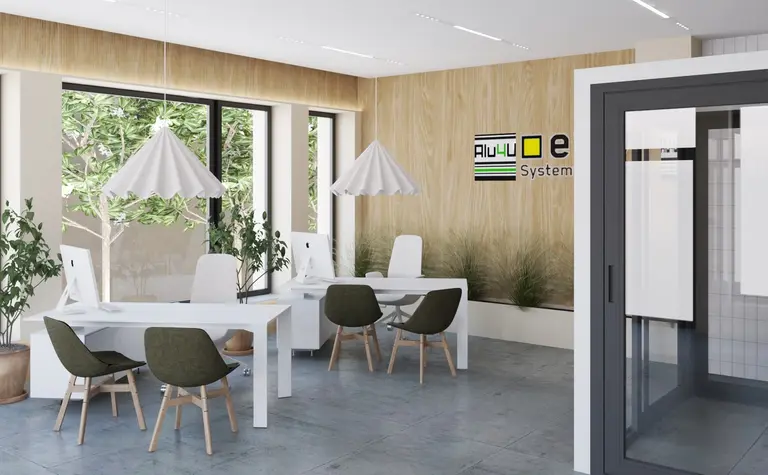 Wnętrze biura w stylu japandi i soft minimalizm z białymi meblami.