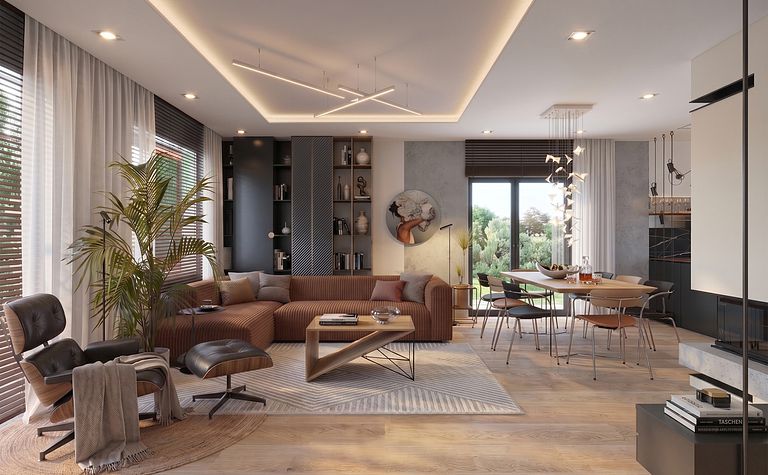 Wnętrze salonu w stylu dopamine decor i minimalistycznym z brązową sofą.