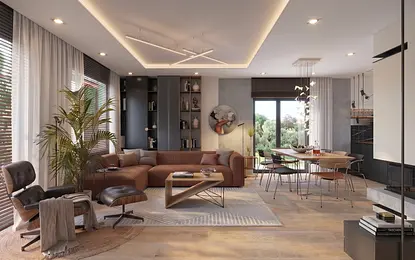 Wnętrze salonu w stylu dopamine decor i minimalistycznym z brązową sofą.