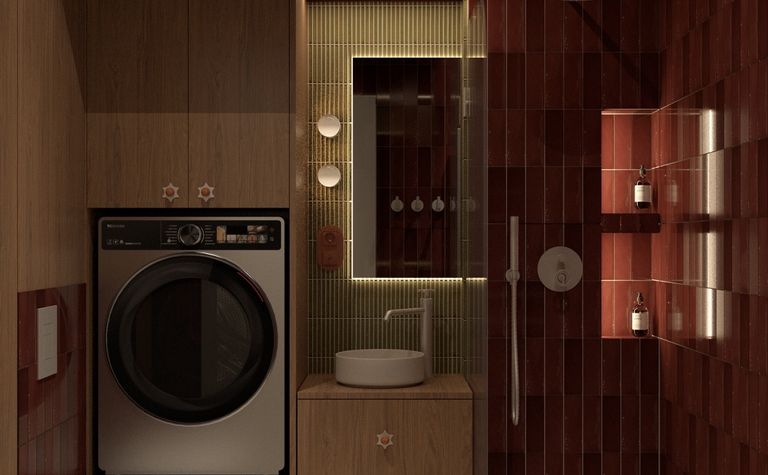 Wnętrze łazienki z pralką, drewnem i czerwonymi płytkami w stylu dopamine decor, eklektycznym i minimalistycznym.