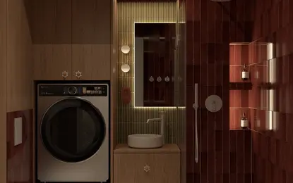 Wnętrze łazienki z pralką, drewnem i czerwonymi płytkami w stylu dopamine decor, eklektycznym i minimalistycznym.
