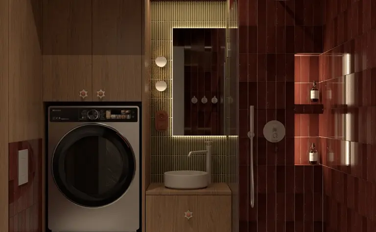 Wnętrze łazienki z pralką, drewnem i czerwonymi płytkami w stylu dopamine decor, eklektycznym i minimalistycznym.