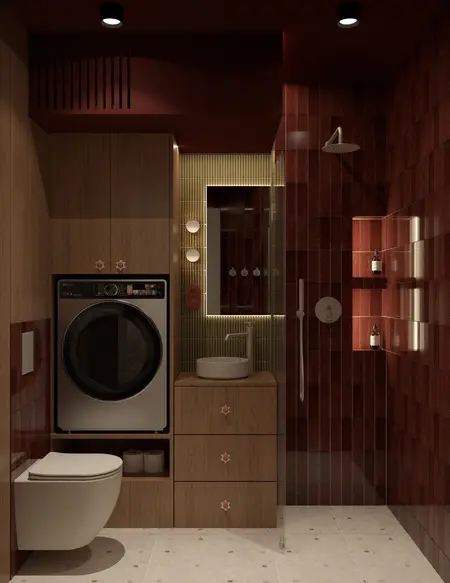 Wnętrze łazienki z pralką, drewnem i czerwonymi płytkami w stylu dopamine decor, eklektycznym i minimalistycznym.