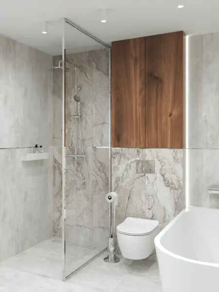 Nowoczesna łazienka z prysznicem, drewnem i eleganckimi detalami.