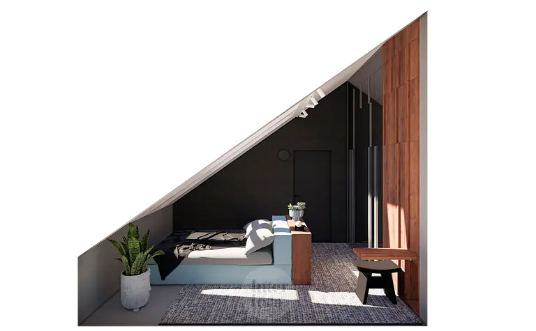 Wnętrze poddasza z minimalistycznym łóżkiem i eklektycznymi dodatkami.