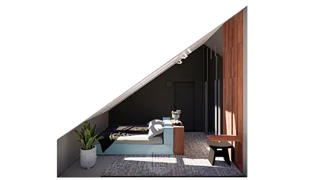 Wnętrze poddasza z minimalistycznym łóżkiem i eklektycznymi dodatkami.