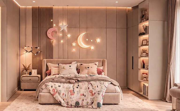 Pokój dziecięcy z różowymi dekoracjami, minimalistycznym łóżkiem i nowoczesnymi akcentami.