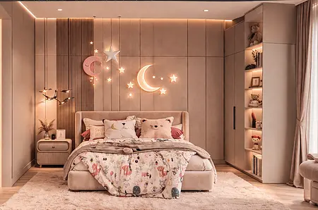 Pokój dziecięcy z różowymi dekoracjami, minimalistycznym łóżkiem i nowoczesnymi akcentami.