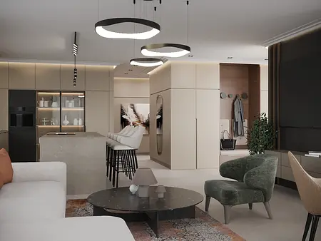 Nowoczesne wnętrze w stylu minimalistycznym z jasnymi meblami i ciemnym akcentem.