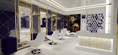 Nowoczesne wnętrze salonu z białymi meblami i niebieskimi akcentami, styl glamour i eklektyczny.