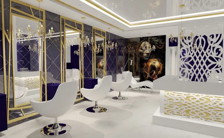 Nowoczesne wnętrze salonu z białymi meblami i niebieskimi akcentami, styl glamour i eklektyczny.