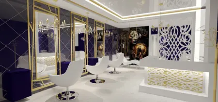 Nowoczesne wnętrze salonu z białymi meblami i niebieskimi akcentami, styl glamour i eklektyczny.