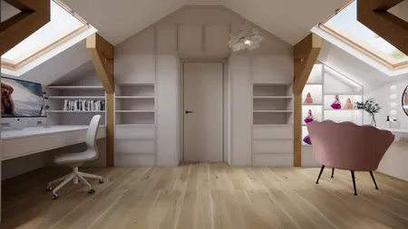 Minimalistyczne poddasze z biurkiem, półkami i różową sofą.