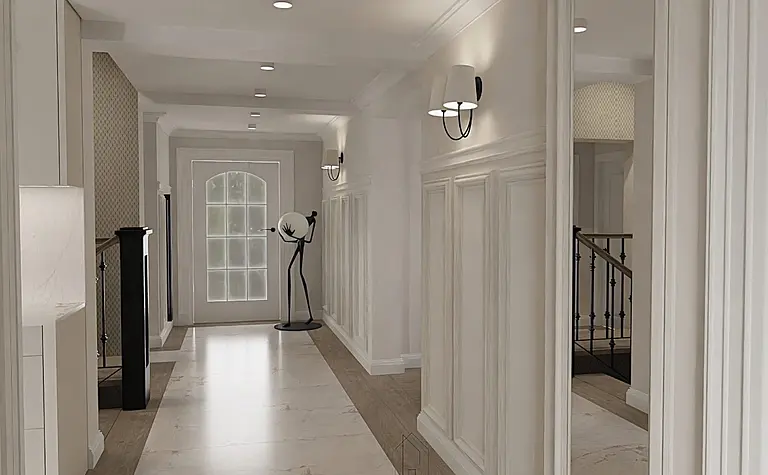 Wnętrze przedpokoju z białymi ścianami i drewnianą podłogą, styl quiet luxury