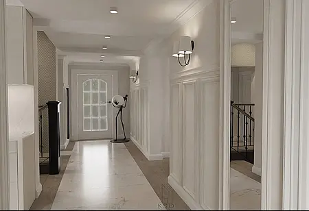 Wnętrze przedpokoju z białymi ścianami i drewnianą podłogą, styl quiet luxury