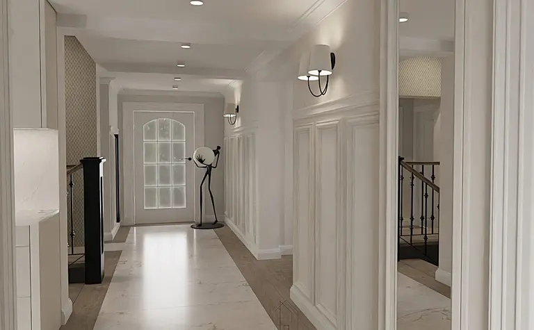 Wnętrze przedpokoju z białymi ścianami i drewnianą podłogą, styl quiet luxury
