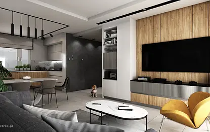 Nowoczesny salon z drewnianymi akcentami, szarością i roślinami.