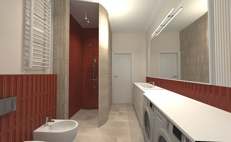 Wnętrze łazienki z prysznicem, białymi meblami i czerwoną ścianą w stylu eklektycznym.