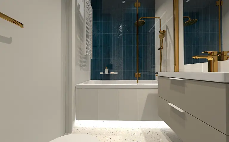 Nowoczesna łazienka z niebieskimi kafelkami i złotymi detalami.