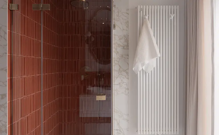 Nowoczesna łazienka z eklektycznym stylem, czerwoną glazurą i białymi elementami.