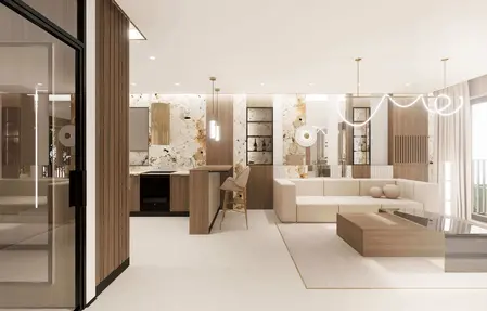 Wnętrze salonu z minimalistycznym designem, beżowa sofa i drewniane akcenty.