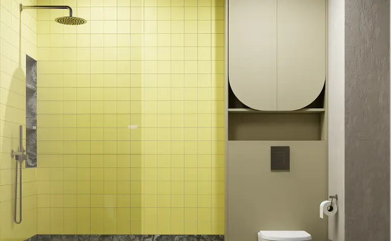 Nowoczesna łazienka z żółtymi płytkami, art deco, vintage, industrialny styl, eleganckie wykończenia.