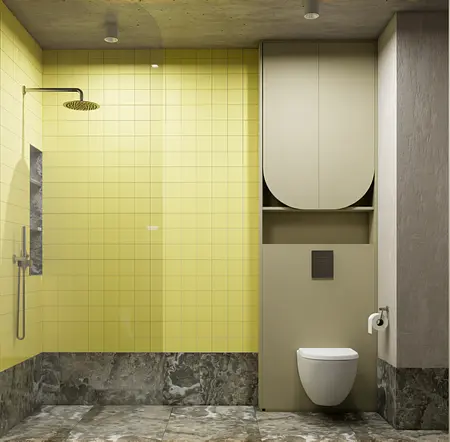 Nowoczesna łazienka z żółtymi płytkami, art deco, vintage, industrialny styl, eleganckie wykończenia.