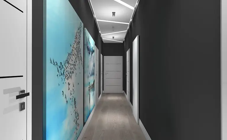 Korytarz z niebieskimi obrazami, białymi drzwiami, w stylu dopamine decor, industrialnym i skandynawskim.