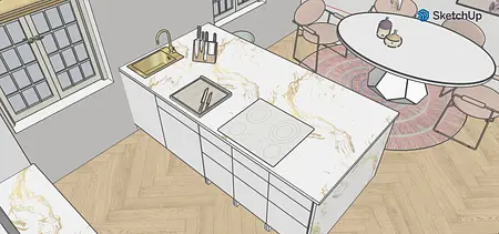 Wnętrze kuchni z białymi meblami, marmurowym blatem i drewnianą podłogą, styl boho i minimalistyczny.