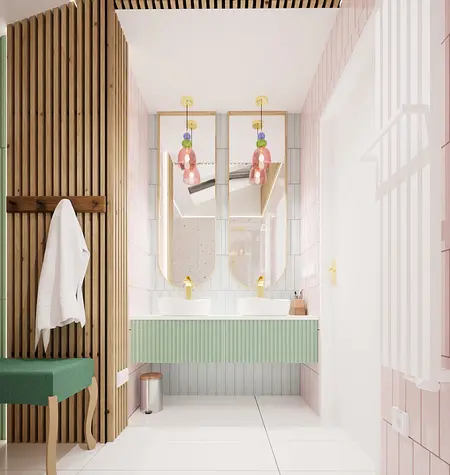 Stylowa łazienka boho, eklektyczna i skandynawska z różowymi kafelkami