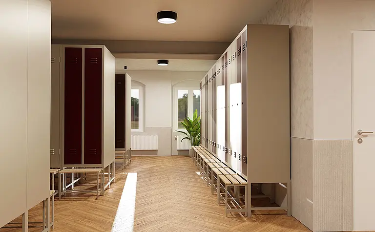 Wnętrze garderoby z szafkami, minimalistyczne i skandynawskie akcenty, drewniana podłoga.