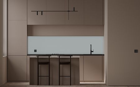 Kuchnia z brązowymi meblami, szarym blatem i nowoczesnym wykończeniem