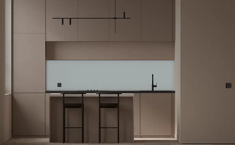 Kuchnia z brązowymi meblami, szarym blatem i nowoczesnym wykończeniem