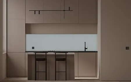 Kuchnia z brązowymi meblami, szarym blatem i nowoczesnym wykończeniem