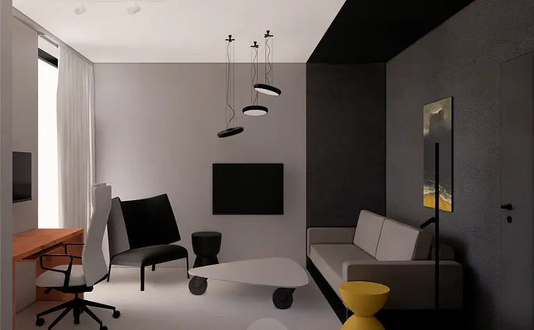 Wnętrze eklektycznego pokoju z minimalistycznymi akcentami, w stylu japandi.